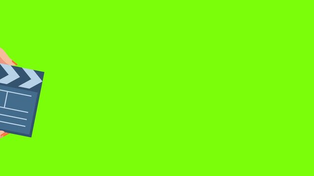 Movie assistance. Video recording, film or series production. Clapperboard girl fires take for movie camera. Woman hands holding movie clapperboard. Woman assistant. 2d flat animation. Alpha channel