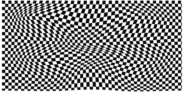 Distorted checkered pattern black and white background design. Seamless checkerboard pattern. Classic geometric square grid background for fashion, textile, and web design. checker background, 