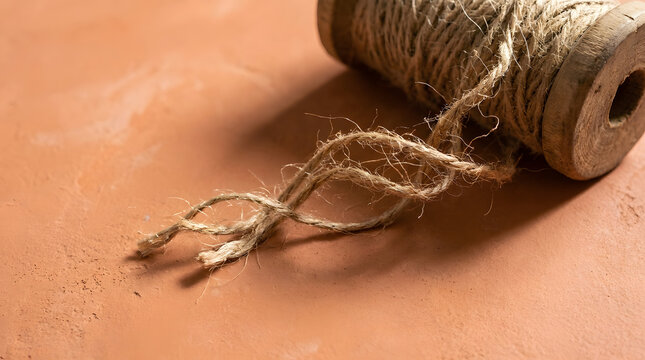 Natural jute twine spool rests on textured clay surface showing detailed fiber strands captured in warm soft natural golden lighting