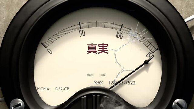 真実メーター - 真実のレベルが最大に達し、針が振り切れて限界を超える。すべてが明らかになる瞬間。