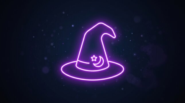 Glowing purple witch hat with crescent moon, mystical neon fantasy design on dark background.
