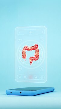 Doctor using mobile app interface on smartphone for large intestine diagnosis showing anatomical colon, innovative technology for early detection of disease. Light blue background.