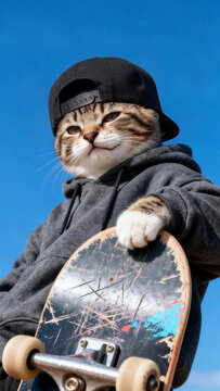 Cool Skater Cat Wearing Hoodie and Backward Cap Holding Skateboard