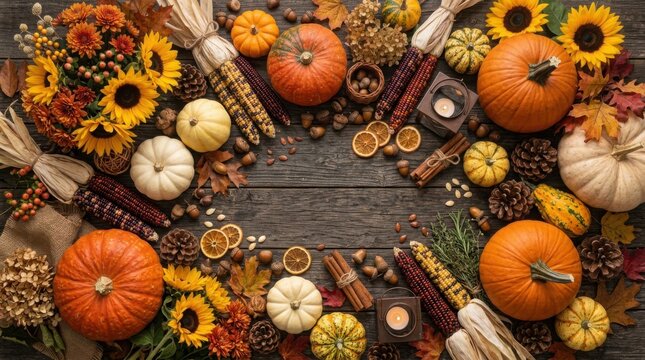 Halloween autumn harvest pumpkins and flowers on wooden table
