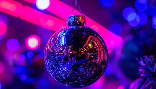 Christmas ornament ball neon reflection close up holiday decoration shiny glass purple light blue light festive bokeh