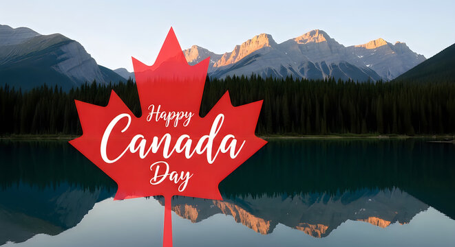 Happy Canada Day celebration with red maple leaf. Patriotic national holiday graphic on reflective lake background with mountains.