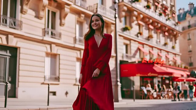 Paris, France, Europe. A vivid portrayal of a woman in a flowing red dress, captured in a dynamic pose on a cobblestone street. The Eiffel Tower stands tall in the background.