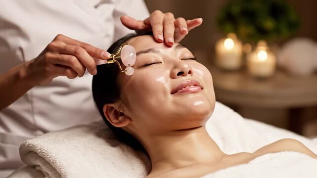 Relaxed Asian Woman Receives Facial Massage with Rose Quartz Roller in Spa