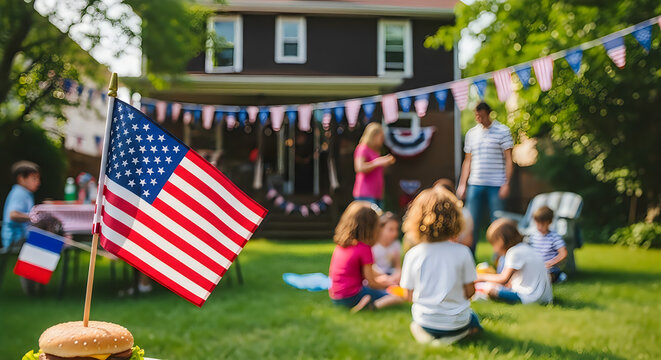 Family celebrating Fourth of July with American flag. Happy multi-generational group enjoying patriotic outdoor party on sunny summer day.