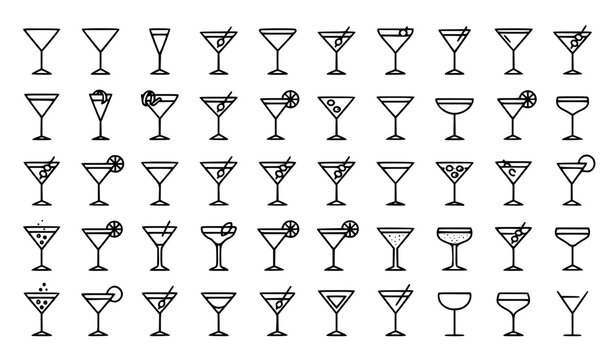 Elegant Martini Glass Line Icon Collection with Editable Minimal Cocktail Symbols