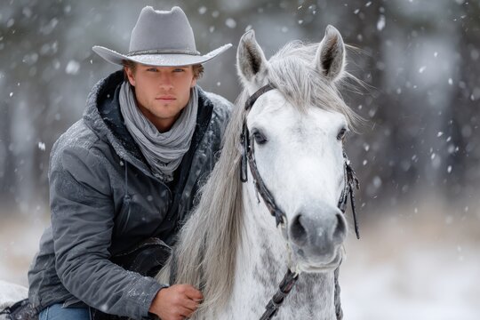Cowboy rides white horse in snowy forest during winter