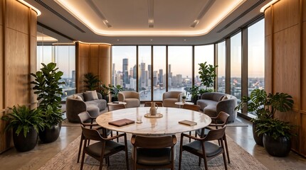 Obraz premium Luxury Executive Collaboration Lounge with Marble Meeting Table and Panoramic Skyline