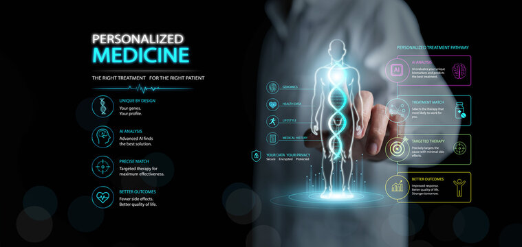 Doctor touching human body and DNA strand interface on dark copy space. Personalized medicine, AI analysis, medical tech, artificial intelligence for precision healthcare treatment technology.