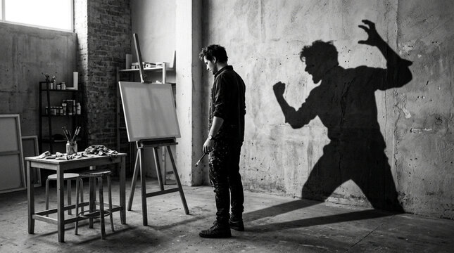 Artist confronts inner demons casting a fierce shadow on studio wall