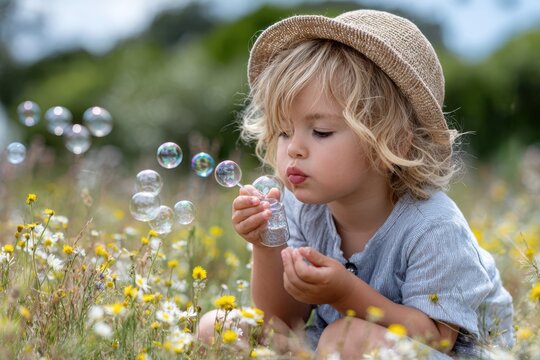 Child blowing bubbles in a flower-filled meadow on a sunny day
