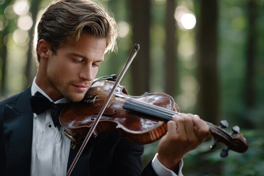 Elegant violinist performs in serene forest setting during golden hour light