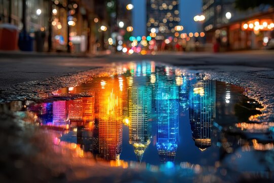 City skyline reflected in a puddle during twilight creates a vibrant visual spectacle