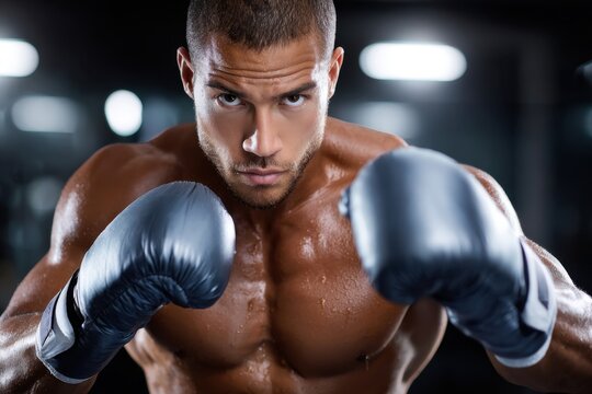 Muscular Boxer Ready to Fight in Dark Gym
