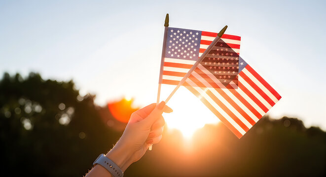 Hand holding American flag at sunset. Patriotic USA banner waving against golden sky backdrop.