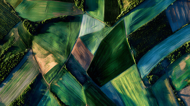 Aerial View of Patchwork Green Agricultural Fields and Farmland