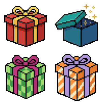 Colorful gift box and surprise pixel art set.
