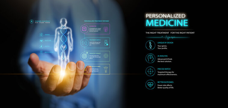 Doctor or surgeon hand holds human body and DNA strand interface on dark copy space. Personalized medicine, AI medical tech, artificial intelligence for precision healthcare treatment technology.