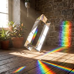 Obraz premium Hanging crystal prism catching sunlight and casting colorful rainbows on a rustic wooden floor in an old stone room