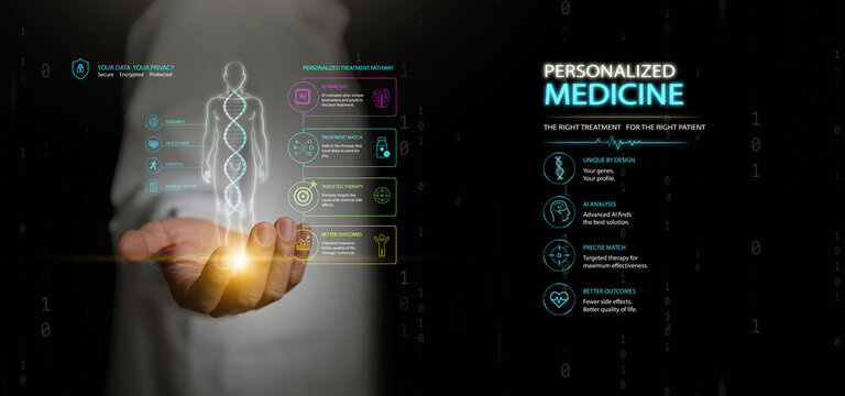 Doctor hand holding human body and DNA strand interface on binary code background. Personalized medicine, AI for medical tech, artificial intelligence for precision healthcare treatment technology.