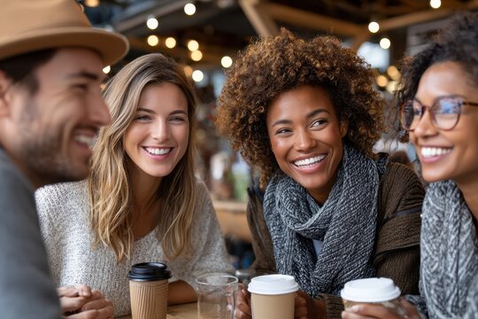 Friends enjoying coffee together in a cozy cafe on a cheerful afternoon