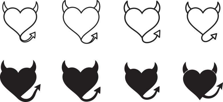 Devil heart icon set with horns and tail in minimalist outline style for stickers, UI and creative design.