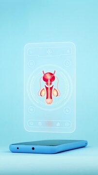 Doctor using mobile app interface on smartphone for male reproductive system diagnosis, innovative technology for early detection of erectile dysfunction and male infertility. Light blue background.