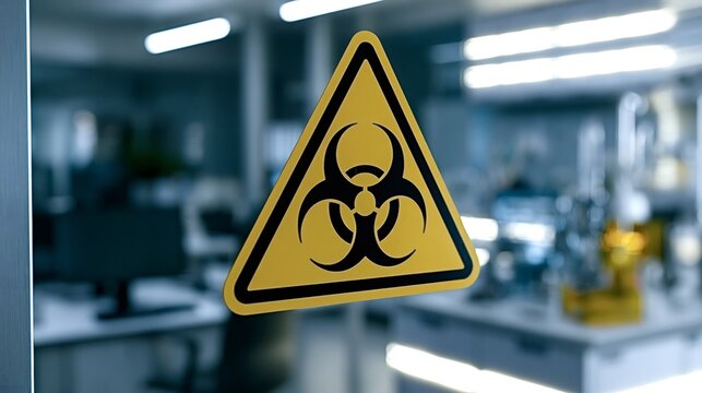 Biohazard warning sign prominently displayed on a glass door. Indicating potential danger and alerting personnel to the presence of harmful biological substances within the active research laboratory
