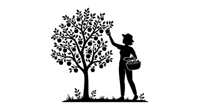 Woman Picking Apples from a Tree Silhouette Vector Illustration