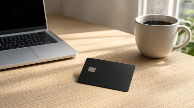 Blank matte black payment card lying on a light oak desk with a laptop and coffee mug in the soft background.
