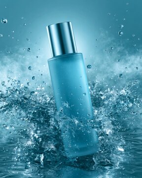 Hydrating blue skincare serum bottle emerging from powerful water splash and cooling mist
