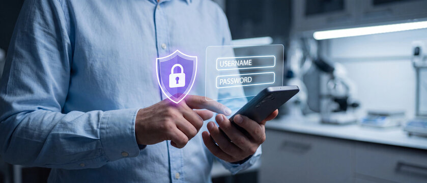 Cyber security and data protection concept with a person using a smartphone to log in to a secure digital account
