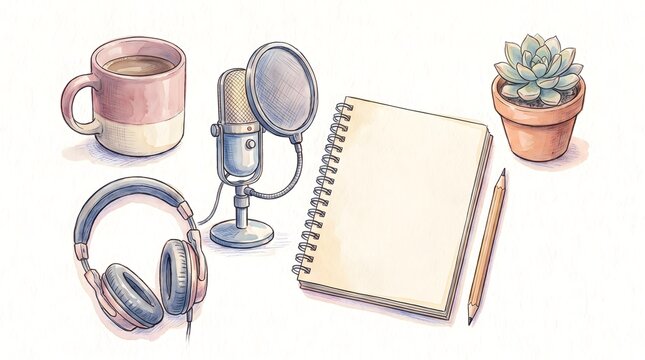 Watercolor Collection of Creative Podcasting Tools and Office Workspace Stationery