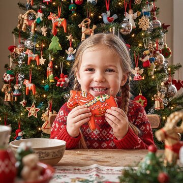 Smiling little girl in a red sweater bites a colorful horse-shaped cookie at a rustic table