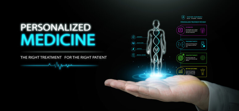 Doctor hand holding human body and DNA strand interface on dark copy space. Personalized medicine, AI medical analysis tech, artificial intelligence for precision healthcare treatment technology.