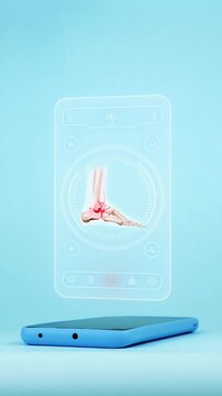 Doctor using mobile app interface on smartphone for foot bone diagnosis showing anatomical foot, innovative technology for early detection of arthritis and ankle fractures. Light blue background.