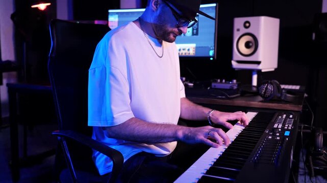 Audio Engineer Working With MIDI Controller In Studio