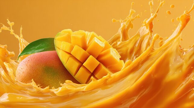 Fresh mango fruit and splash of juice studio shot with vibrant colors