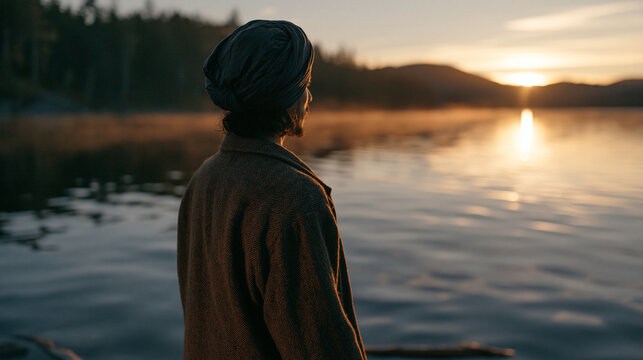 Back view of person wearing Sikh turban by tranquil lake, spirituality and tradition concept