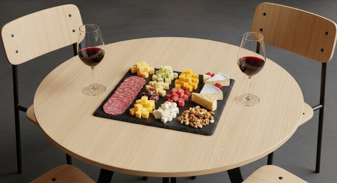 A round wooden table with three modern chairs holds a platter of sliced salami, assorted gourmet cheeses, nuts, and two glasses of red wine, room, interior, drinks