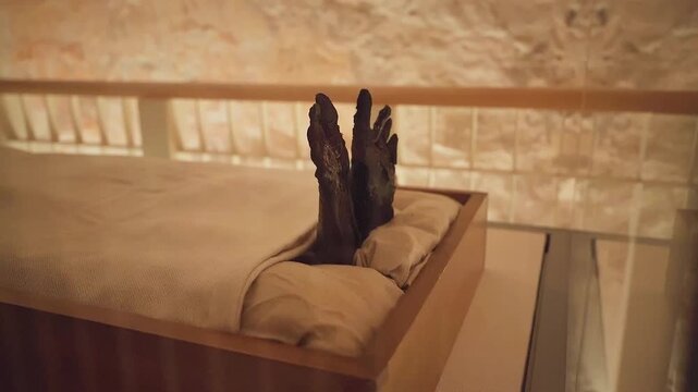 The mummy of Tutankhamun displayed inside his original burial chamber in the Valley of the Kings, located in Luxor. The tomb of the young pharaoh Tutankhamun