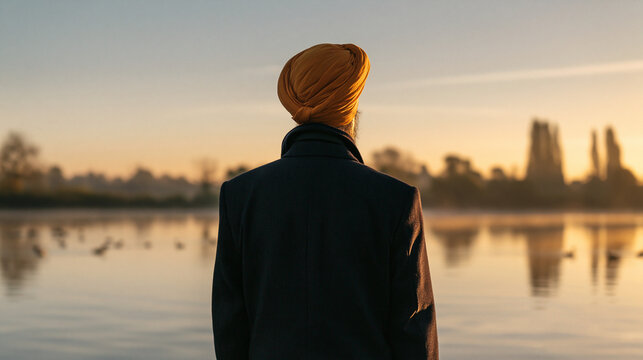 Back view of person wearing Sikh turban by tranquil lake, spirituality and tradition concept