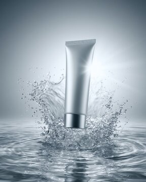 Hydrating silver skincare cream tube emerging from clear water splash on cool gray background