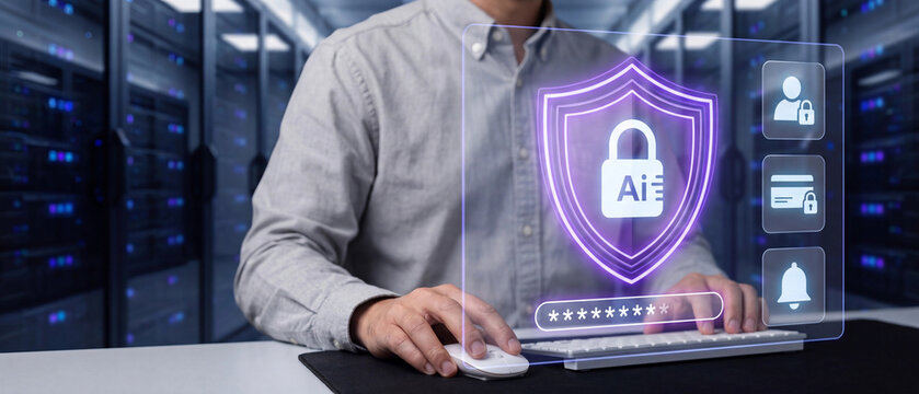 Cybersecurity professional using aipowered digital security system to protect sensitive data in a server room environment