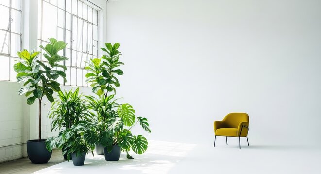 A spacious industrial warehouse photo studio featuring a white cyclorama wall, lush green potted plants, and soft sunlight from windows, foliage, bright, sunlight