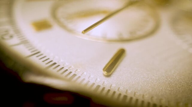 wristwatch dial with ticking second hand, cinematic macro close up
